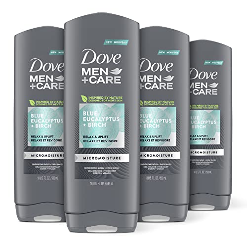 Dove Men+Care Mens Body Wash Dry Skin Body Wash with Micromoisture, Blue Eucalyptus and Birch Effectively Washes Away Bacteria While Nourishing Your Skin, 18 Fl Oz (Pack of 4)