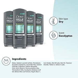 Dove Men+Care Mens Body Wash Dry Skin Body Wash with Micromoisture, Blue Eucalyptus and Birch Effectively Washes Away Bacteria While Nourishing Your Skin, 18 Fl Oz (Pack of 4)