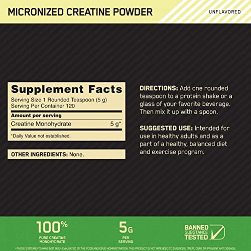 Optimum Nutrition Micronized Creatine Monohydrate Powder, Unflavored, Keto Friendly, 120 Servings (Packaging May Vary)