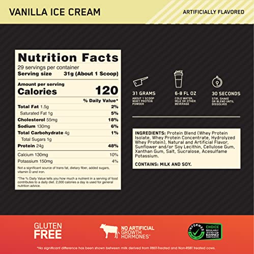 Optimum Nutrition Gold Standard 100% Whey Protein Powder, Vanilla Ice Cream, 2 Pound (Packaging May Vary)