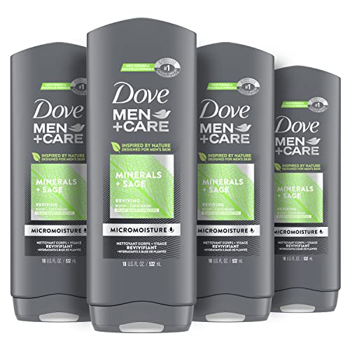 Dove Men+Care Elements Body Wash and Face Wash For Fresh, Healthy-Feeling Skin Minerals + Sage Cleanser That Effectively Washes Away Bacteria While Nourishing Your Skin, 18 Ounce (Pack of 4)