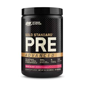 optimum nutrition gold standard pre workout advanced, with creatine, beta-alanine, micronized l-citrulline and caffeine for energy, keto friendly, berry blast, 20 servings