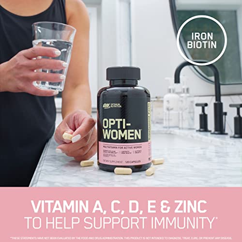 Optimum Nutrition Opti-Women, Vitamin C, Zinc and Vitamin D for Immune Support Womens Daily Multivitamin Supplement with Iron, Capsules, 120 Count