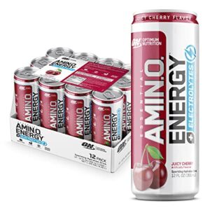 optimum nutrition amino energy drink plus electrolytes for hydration, sugar free, caffeine for pre-workout energy and amino acids / bcaas for post-workout recovery – juicy cherry, 12 fl oz (12 pack)