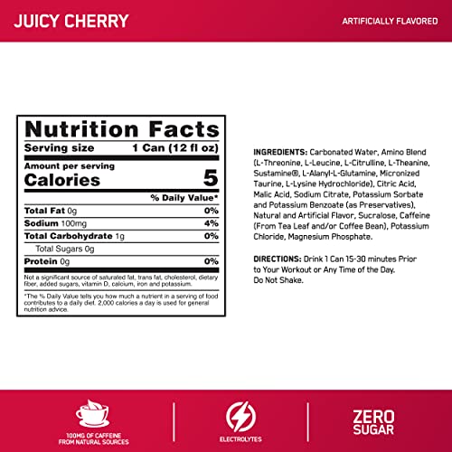 Optimum Nutrition Amino Energy Drink Plus Electrolytes for Hydration, Sugar Free, Caffeine for Pre-Workout Energy and Amino Acids / BCAAs for Post-Workout Recovery - Juicy Cherry, 12 Fl Oz (12 Pack)