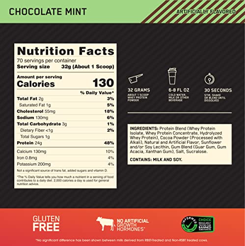 Optimum Nutrition Gold Standard 100% Whey Protein Powder, Chocolate Mint, 5 Pound (Package May Vary)