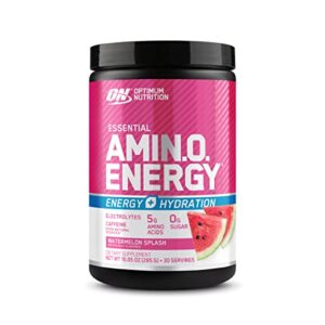 optimum nutrition amino energy plus electrolytes energy drink powder, caffeine for pre-workout energy, amino acids / bcaas for post-workout recovery, watermelon splash, 30 servings- packaging may vary