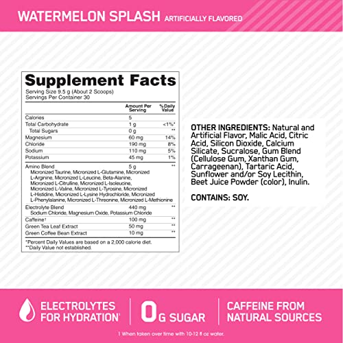 Optimum Nutrition Amino Energy Plus Electrolytes Energy Drink Powder, Caffeine for Pre-Workout Energy, Amino Acids / BCAAs for Post-Workout Recovery, Watermelon Splash, 30 Servings- Packaging May Vary