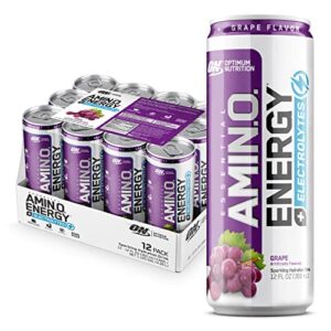 Optimum Nutrition Amino Energy Drink + Electrolytes for Hydration - Sugar Free, Amino Acids, BCAA, Keto Friendly, Sparkling Drink - Grape, Pack of 12 (Packaging May Vary)