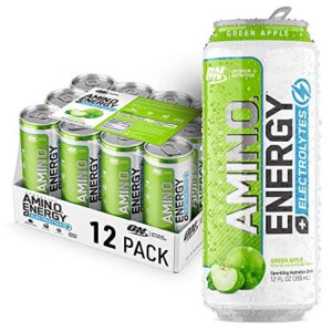 optimum nutrition amino energy drink plus electrolytes for hydration, sugar free, caffeine for pre-workout energy and amino acids / bcaas for post-workout recovery – green apple, 12 fl oz (pack of 12)