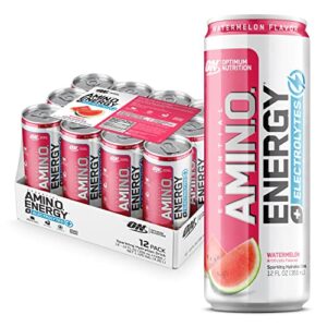 optimum nutrition amino energy drink + electrolytes for hydration – sugar free, amino acids, bcaa, keto friendly, sparkling drink – watermelon, 12 fl oz (pack of 12) – packaging may vary