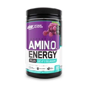 optimum nutrition amino energy + collagen powder – pre workout, post workout muscle recovery energy powder with amino acids, vitamin c for immune support – grape remix, 30 servings