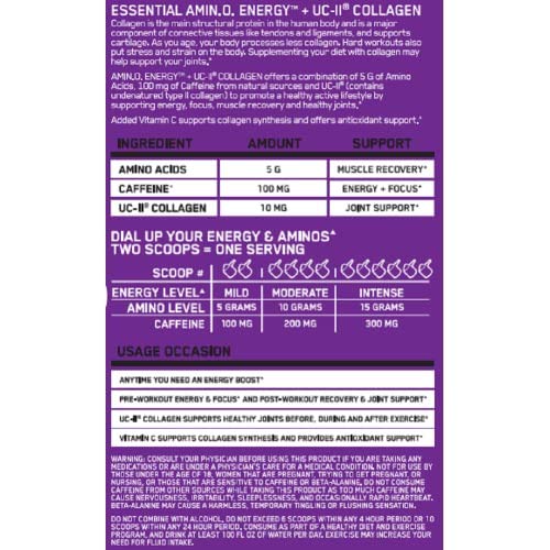 Optimum Nutrition Amino Energy + Collagen Powder - Pre Workout, Post Workout Muscle Recovery Energy Powder with Amino Acids, Vitamin C for Immune Support - Grape Remix, 30 Servings