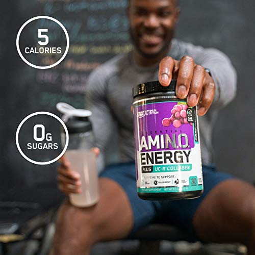 Optimum Nutrition Amino Energy + Collagen Powder - Pre Workout, Post Workout Muscle Recovery Energy Powder with Amino Acids, Vitamin C for Immune Support - Grape Remix, 30 Servings