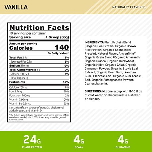 Optimum Nutrition Gold Standard 100% Organic Plant Based Protein Powder, Vitamin C for Immune Support, Vanilla, 1.51 Pound