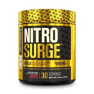 nitrosurge build pre workout with creatine for muscle building – con cret creatine pre workout powder & elevatp for intense energy, powerful pumps, & endless endurance – 30 servings, cherry limeade