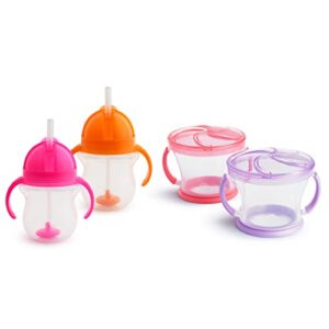 munchkin® happy snacker snack catcher and toddler weighted straw sippy cup set, 4 count, pink/purple/orange