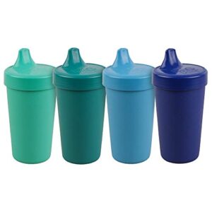 re play 4pk – 10 oz. no spill sippy cups for baby, toddler, and child feeding in sky blue, aqua, navy blue and teal | bpa free | made in usa from eco friendly recycled milk jugs | true blue+