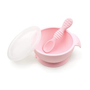 bumkins suction silicone baby feeding set, bowl, lid, spoon, bpa-free, first feeding, baby led weaning – pink(pack of 1)