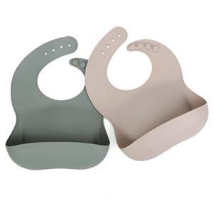 ginbear silicone bibs for babies, waterproof baby feeding bibs with food catcher pocket, adjustable silicon bibs for toddlers (dark sage/almond)