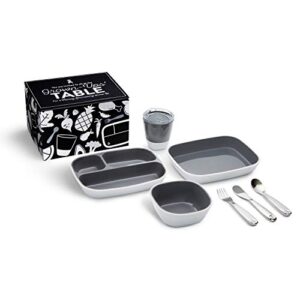munchkin® grown ups table 7pc toddler feeding supplies gift set, includes plates, bowl, open cup and stainless steel utensils, grey