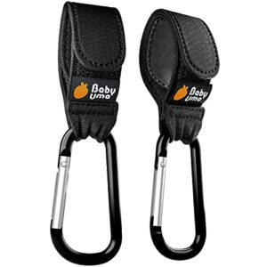 stroller hooks for hanging bags and shopping – double award-winning stroller clips – baby essentials universal stroller clips for bags – black, 2 pack by baby uma
