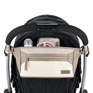 itzy ritzy adjustable stroller caddy – stroller organizer featuring two built-in pockets, front zippered pocket and adjustable straps to fit nearly any stroller, vanilla latte