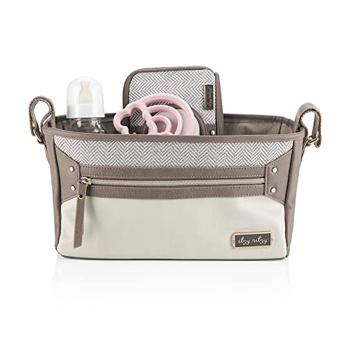 Itzy Ritzy Adjustable Stroller Caddy - Stroller Organizer Featuring Two Built-in Pockets, Front Zippered Pocket and Adjustable Straps to Fit Nearly Any Stroller, Vanilla Latte