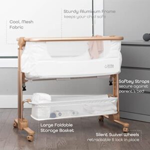 Baby Bassinet, Bedside Sleeper for Baby, Easy Folding Portable Crib with Storage Basket for Newborn, Bedside Bassinet, Comfy Mattress/Travel Bag Included (White and Gold)