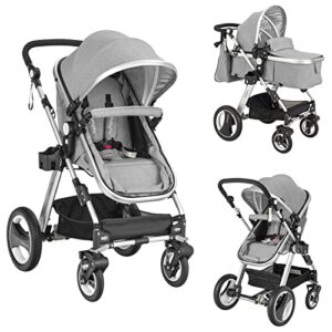 baby joy baby stroller, 2-in-1 convertible bassinet reclining stroller, foldable pram carriage with 5-point harness, including cup holder, foot cover, diaper bag, aluminum structure, gray
