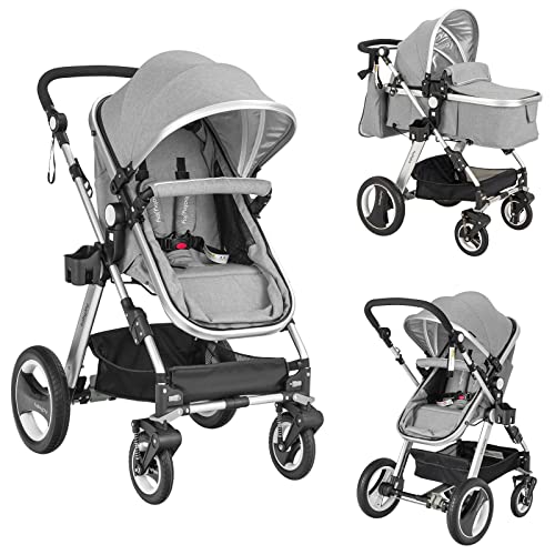 BABY JOY Baby Stroller, 2-in-1 Convertible Bassinet Reclining Stroller, Foldable Pram Carriage with 5-Point Harness, Including Cup Holder, Foot Cover, Diaper Bag, Aluminum Structure, Gray