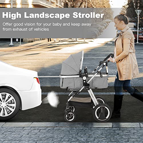 BABY JOY Baby Stroller, 2-in-1 Convertible Bassinet Reclining Stroller, Foldable Pram Carriage with 5-Point Harness, Including Cup Holder, Foot Cover, Diaper Bag, Aluminum Structure, Gray