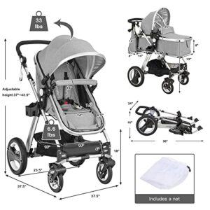 BABY JOY Baby Stroller, 2-in-1 Convertible Bassinet Reclining Stroller, Foldable Pram Carriage with 5-Point Harness, Including Cup Holder, Foot Cover, Diaper Bag, Aluminum Structure, Gray