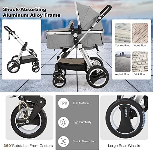 BABY JOY Baby Stroller, 2-in-1 Convertible Bassinet Reclining Stroller, Foldable Pram Carriage with 5-Point Harness, Including Cup Holder, Foot Cover, Diaper Bag, Aluminum Structure, Gray