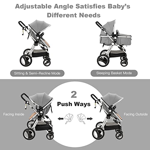 BABY JOY Baby Stroller, 2-in-1 Convertible Bassinet Reclining Stroller, Foldable Pram Carriage with 5-Point Harness, Including Cup Holder, Foot Cover, Diaper Bag, Aluminum Structure, Gray