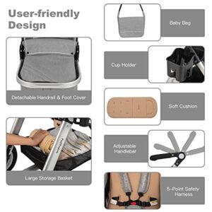 BABY JOY Baby Stroller, 2-in-1 Convertible Bassinet Reclining Stroller, Foldable Pram Carriage with 5-Point Harness, Including Cup Holder, Foot Cover, Diaper Bag, Aluminum Structure, Gray