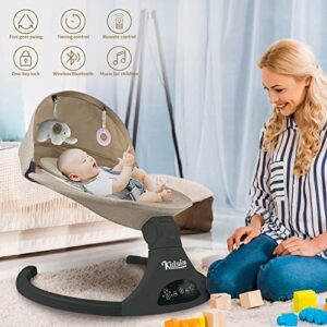 Bluetooth Baby Swing for Infants, 5 Speed Bluetooth Baby Bouncer Music Speaker with 12 Preset Lullabies, Remote Control Indoor Baby Rocker with Touch Screen Chair for 5-20 lb, 0-9 Months (Khaki)