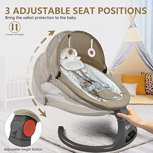 Bluetooth Baby Swing for Infants, 5 Speed Bluetooth Baby Bouncer Music Speaker with 12 Preset Lullabies, Remote Control Indoor Baby Rocker with Touch Screen Chair for 5-20 lb, 0-9 Months (Khaki)