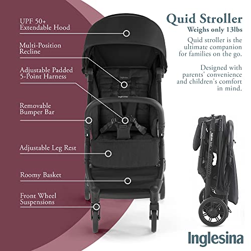 Inglesina Quid Baby Stroller - Lightweight at 13 lbs, Travel-Friendly, Ultra-Compact & Folding - Fits in Airplane Cabin & Overhead - for Toddlers from 3 Months to 50 lbs - Large Canopy, Onyx Black