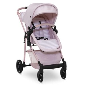 babyGap by Delta Children 2-in-1 Carriage Stroller - Greenguard Gold Certified - Car Seat Compatible, One-Handed Fold, Lightweight & Oversized Canopy - Made with Sustainable Materials, Pink Stripes