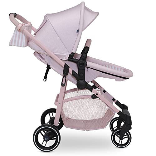 babyGap by Delta Children 2-in-1 Carriage Stroller - Greenguard Gold Certified - Car Seat Compatible, One-Handed Fold, Lightweight & Oversized Canopy - Made with Sustainable Materials, Pink Stripes