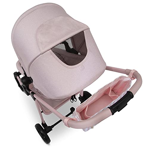 babyGap by Delta Children 2-in-1 Carriage Stroller - Greenguard Gold Certified - Car Seat Compatible, One-Handed Fold, Lightweight & Oversized Canopy - Made with Sustainable Materials, Pink Stripes