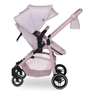 babyGap by Delta Children 2-in-1 Carriage Stroller - Greenguard Gold Certified - Car Seat Compatible, One-Handed Fold, Lightweight & Oversized Canopy - Made with Sustainable Materials, Pink Stripes