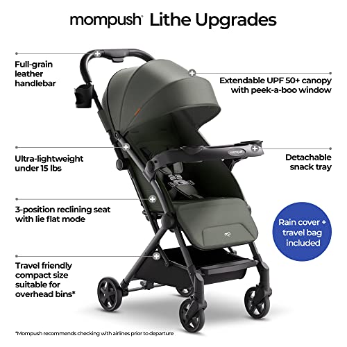 Mompush Lithe V2 Lightweight Stroller + Snack Tray, Ultra-Compact Fold & Airplane Ready Travel Stroller, Near Flat Recline Seat, Cup Holder, Raincover & Travelbag Included