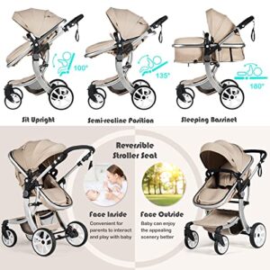 BABY JOY 2-in-1 High Landscape Baby Stroller, Reversible Bassinet Reclining Stroller, Foldable Push Chair w/Adjustable Canopy, Storage Bag, Foot Cover, Rain Cover & Net, Aluminum Alloy Frame (Beige)