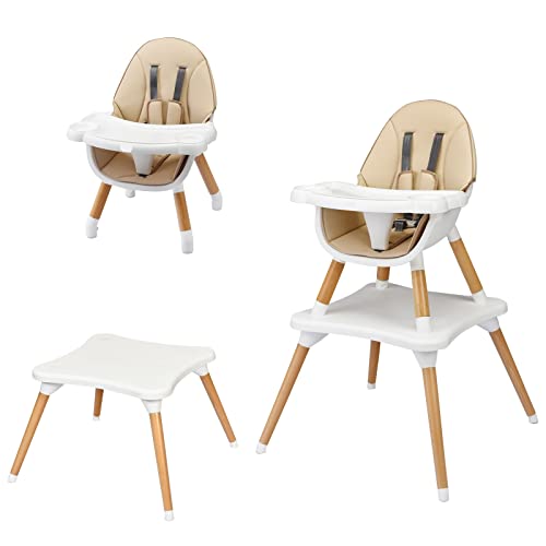 INFANS 5 in 1 Baby High Chair with 5 Point Harness, Detachable Tray, Wipeable Cushion, Converts to Table and Seat Set, Toddler Chair, Booster Seat, Wooden Dining Chair for Infant Kid (Khaki)