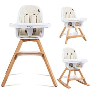 BABY JOY 3 in 1 High Chair, Baby Eat & Grow Convertible Wooden High Chair/Rocking Chair/Booster Seat/Toddler Chair, Infant Dining Chairs w/ Double Removable Tray, 5-Point Seat Belt & PU Cushion, Beige