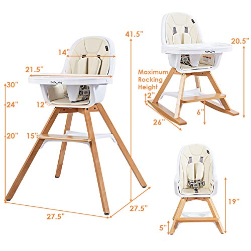 BABY JOY 3 in 1 High Chair, Baby Eat & Grow Convertible Wooden High Chair/Rocking Chair/Booster Seat/Toddler Chair, Infant Dining Chairs w/ Double Removable Tray, 5-Point Seat Belt & PU Cushion, Beige