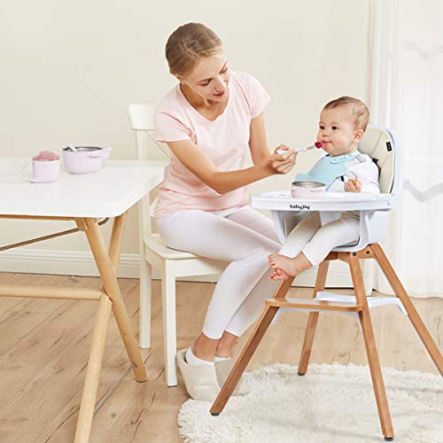 BABY JOY 3 in 1 High Chair, Baby Eat & Grow Convertible Wooden High Chair/Rocking Chair/Booster Seat/Toddler Chair, Infant Dining Chairs w/ Double Removable Tray, 5-Point Seat Belt & PU Cushion, Beige