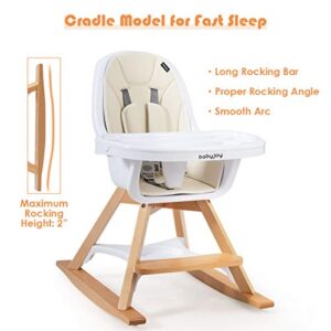 BABY JOY 3 in 1 High Chair, Baby Eat & Grow Convertible Wooden High Chair/Rocking Chair/Booster Seat/Toddler Chair, Infant Dining Chairs w/ Double Removable Tray, 5-Point Seat Belt & PU Cushion, Beige